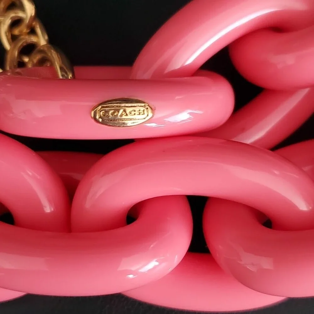 Coach Pink Acrylic Necklace Chunky Open Link Gold Tone‎ Chain Resort Cruise - Picture 4 of 6